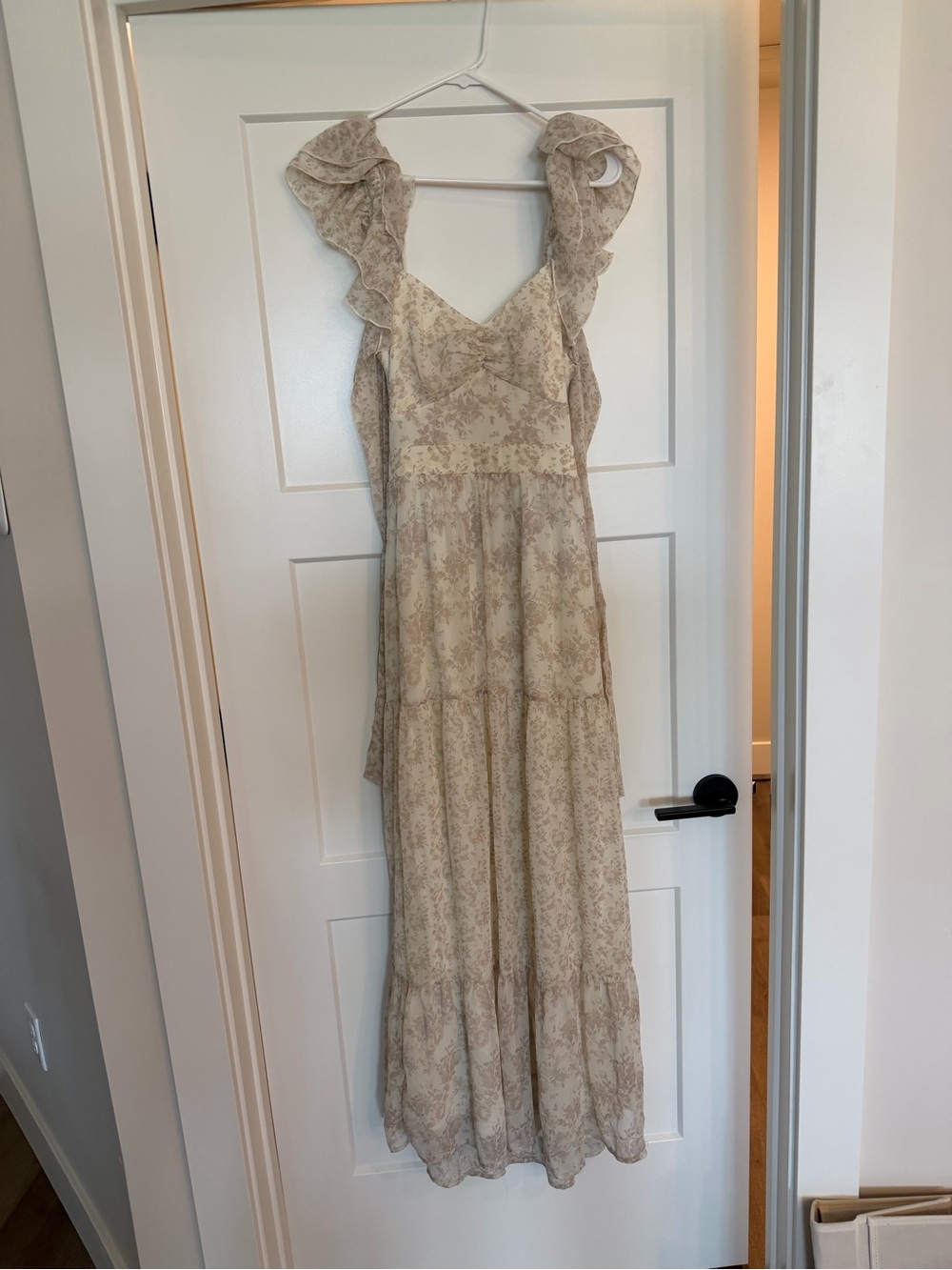 Altar'd State Cream Floral Ruffle-Shoulder Maxi Dress